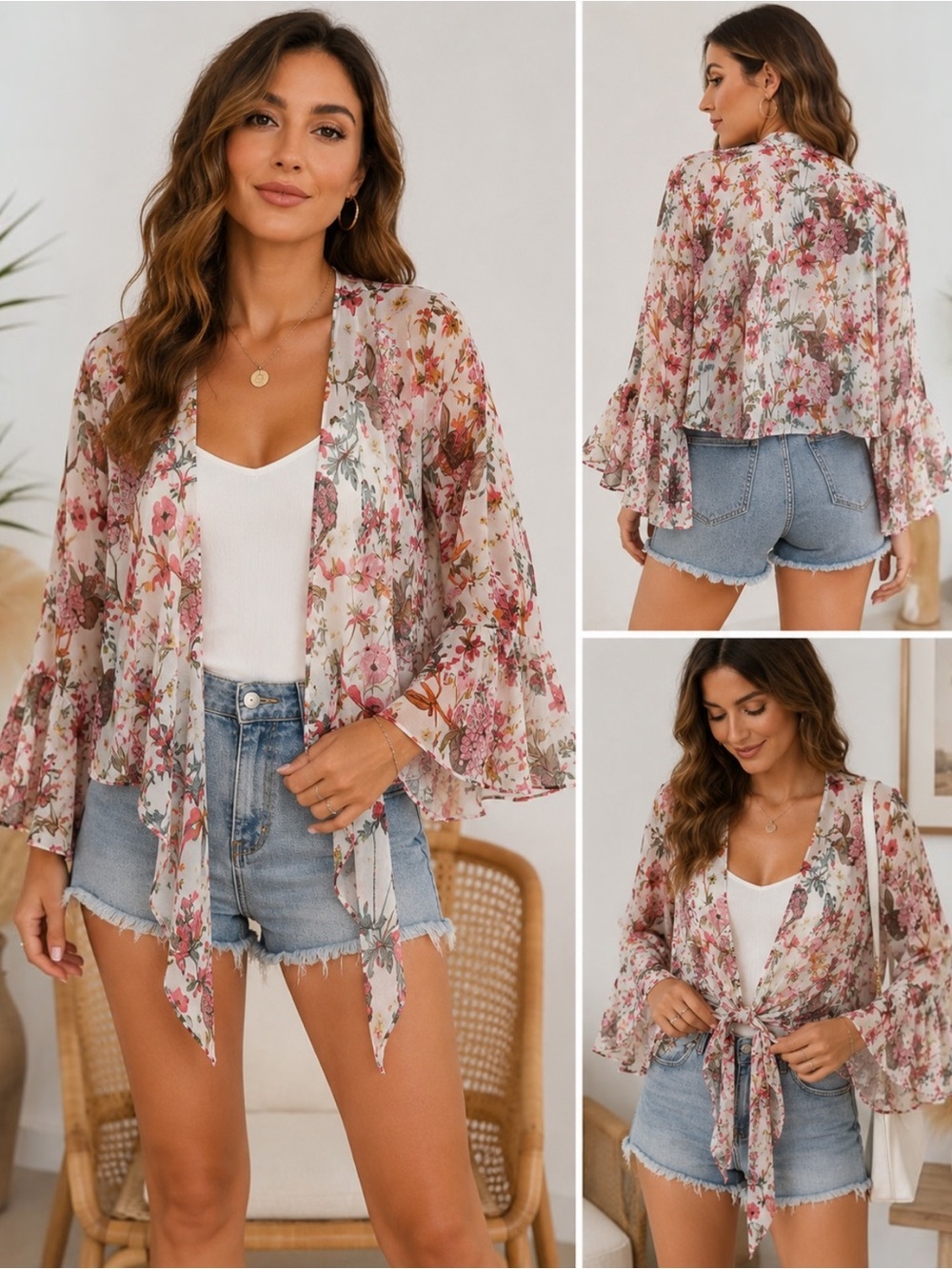 Sweet Pea NY&Co Floral Kimono Cardigan XXL Bell Sleeve Tie Front